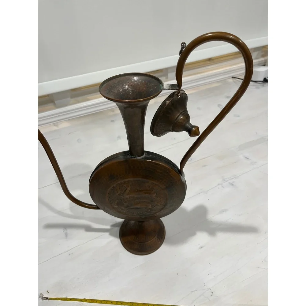 Vintage Copper Metal Water Pitcher‎ Ewer Embossed Figural Scene Spout Handle